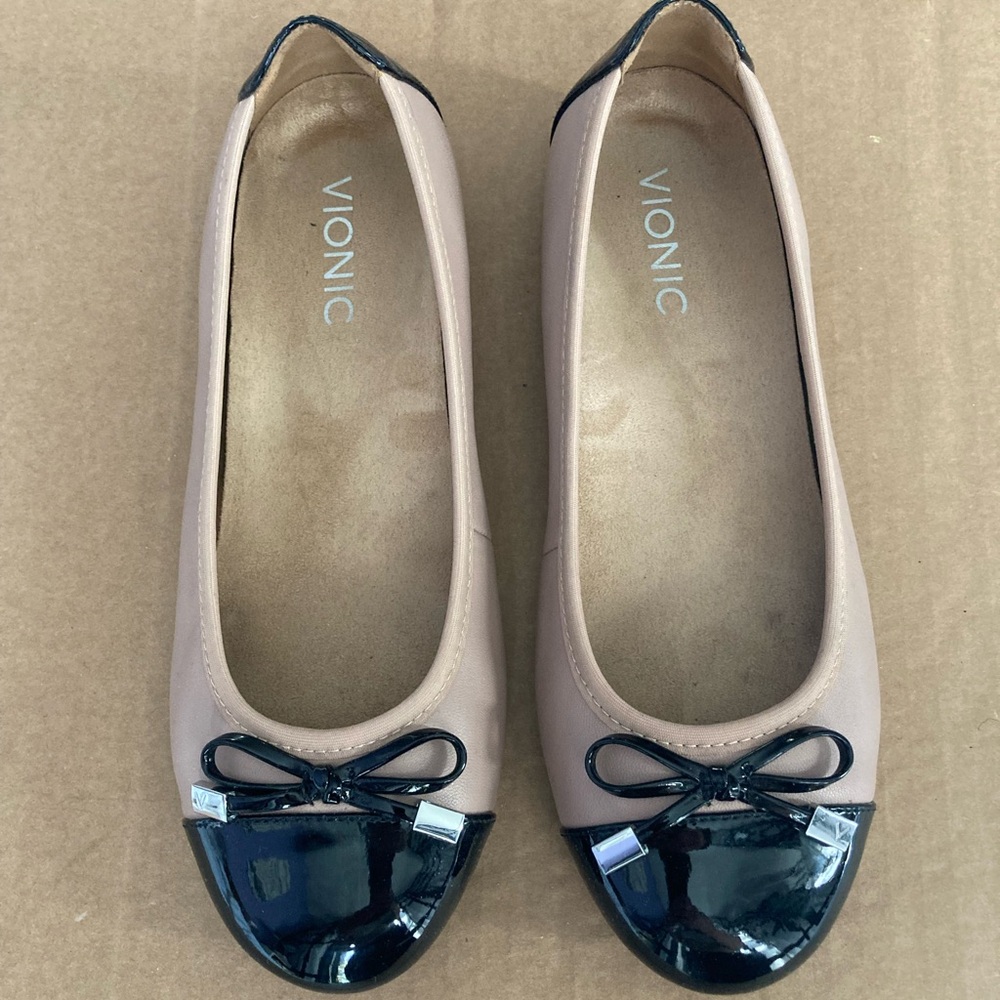 Vionic Spark Minna 7 ballet flats blush pink and black patent